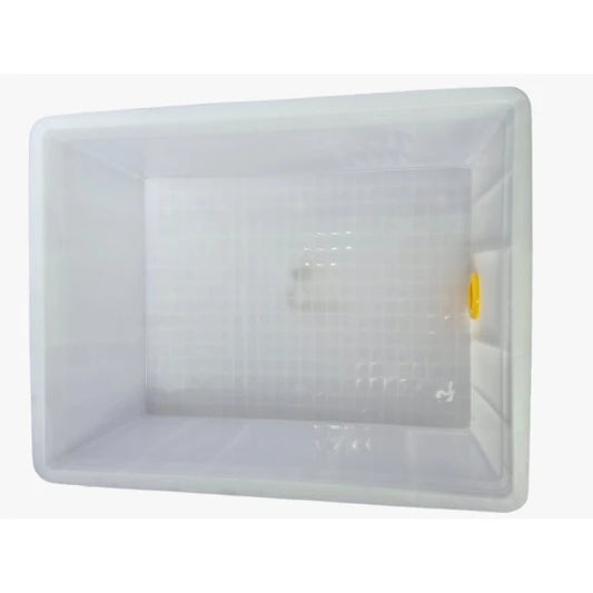 Stainless steel honey uncapping tray with perforated insert and frame support bars