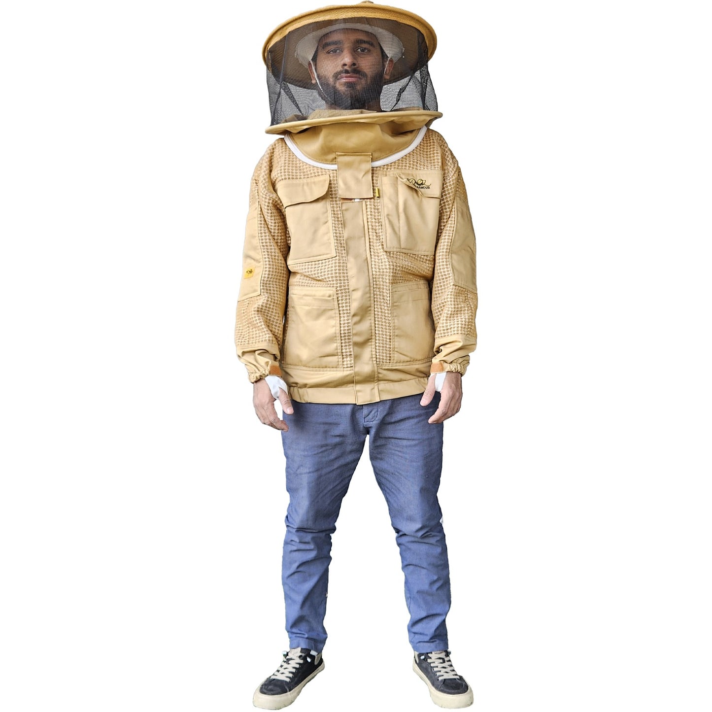 OZ ARMOUR Khaki 3 Layer Mesh Ventilated Beekeeping Jacket With Round Hat Veil