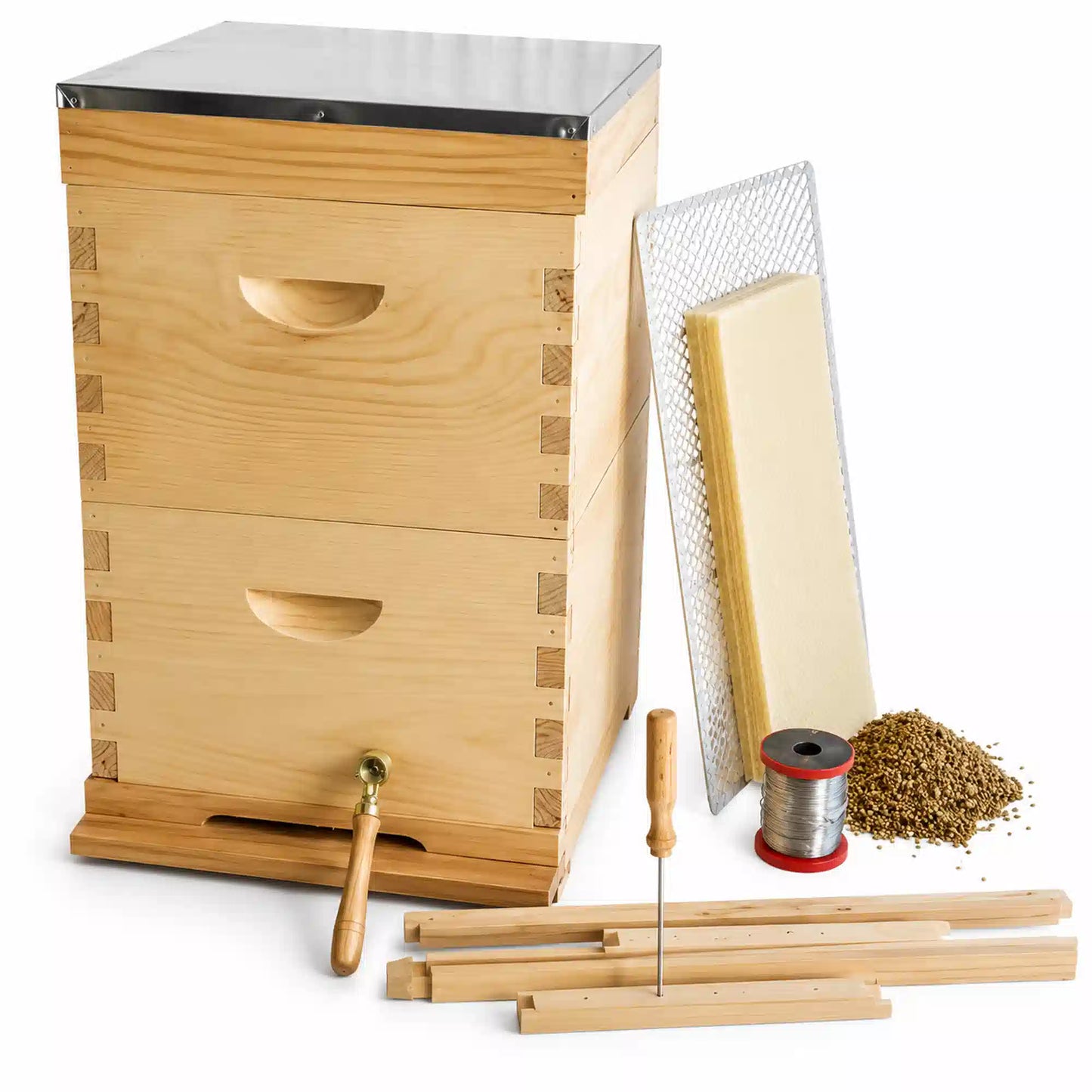 Oz Armour Beekeeping Starter Kit with pine beehive, frames, wire, eyelets, and tools