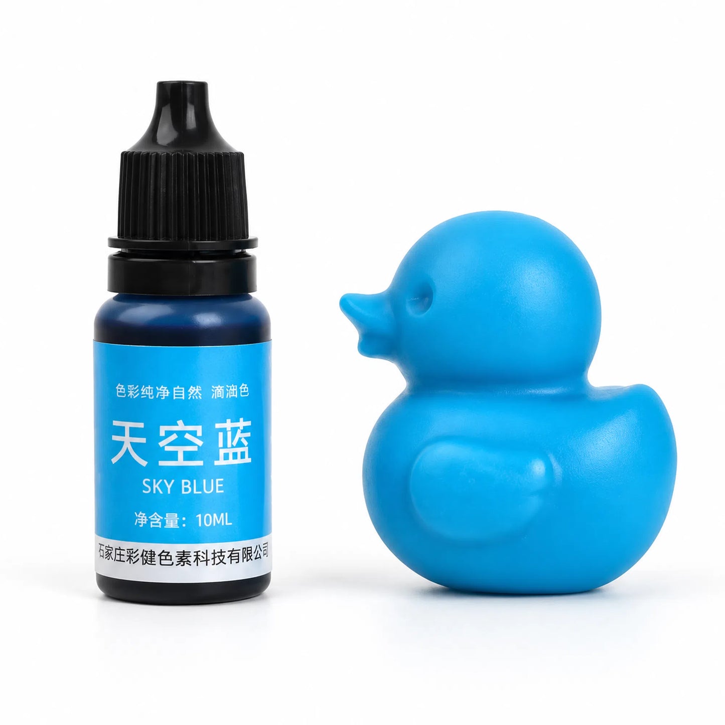 Blue candle making fragrance color bottle with finished blue duck candle example