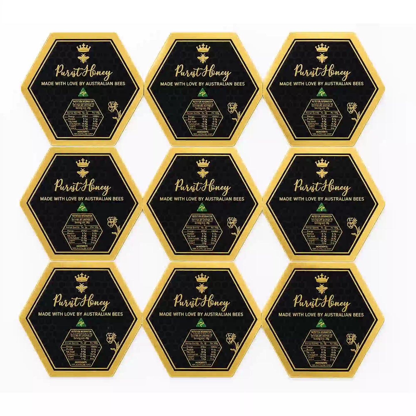 Multiple hexagon honey jar labels displayed together