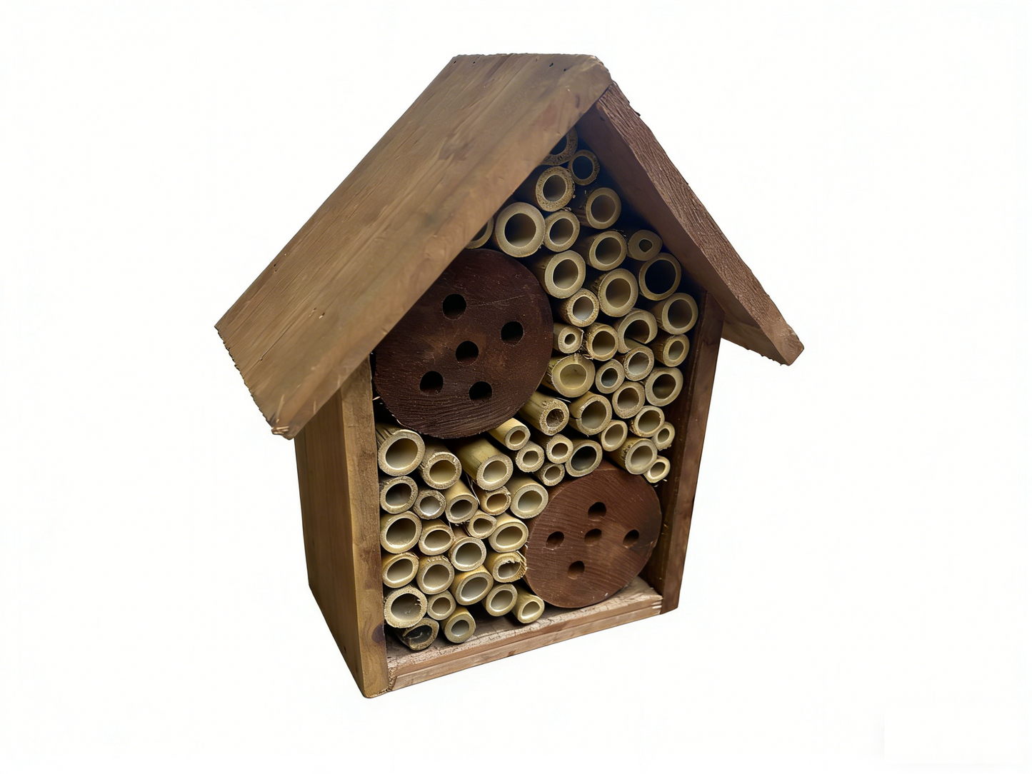 Angled view of wooden native bee hive with bamboo nesting tubes