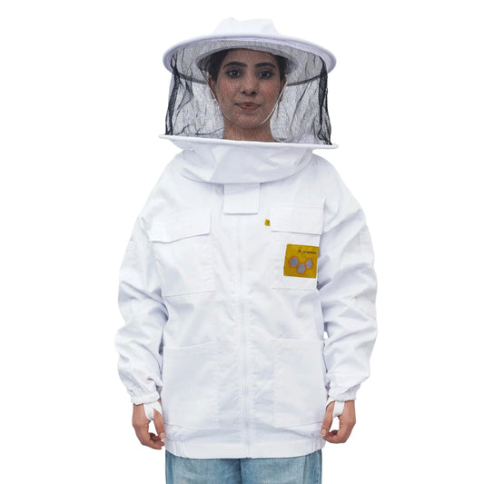 Front view of OZ Apiarist poly cotton beekeeping jacket with round hat veil