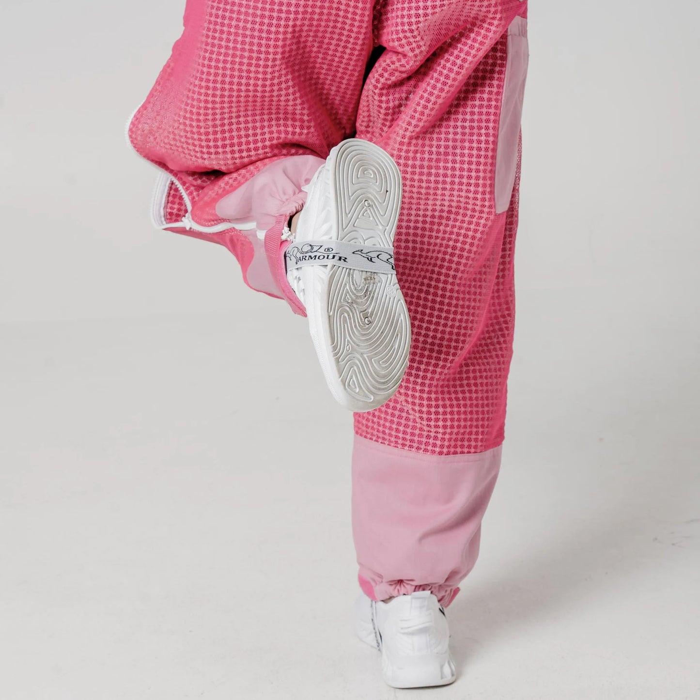 Close up of the elastic ankle cuff on the OZ Armour pink 3 layer beekeeping trousers