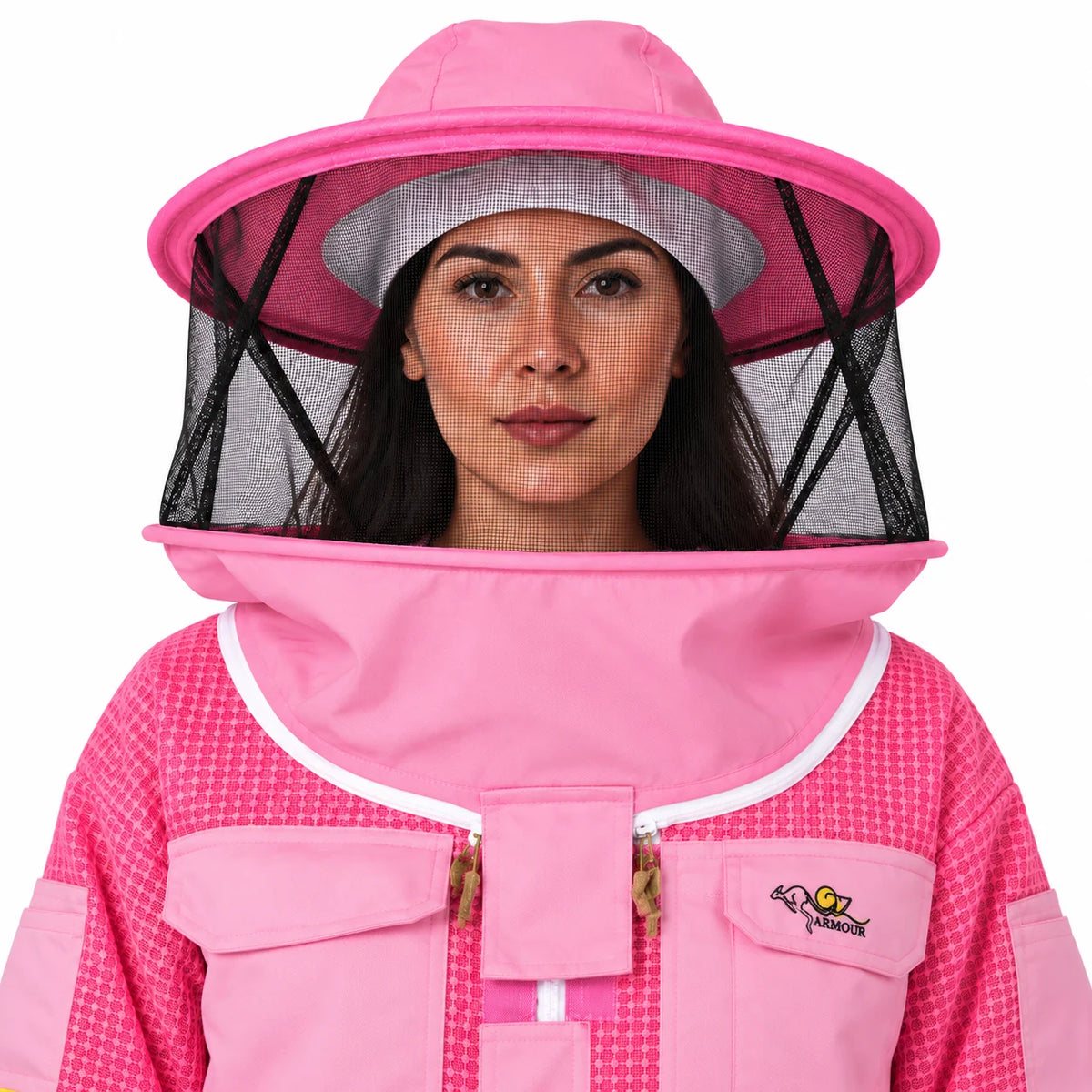 OZ ARMOUR pink round hat bee veil with wide brim and black mesh