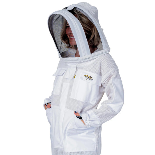 Woman wearing the OZ ARMOUR 3 Layer Mesh Beekeeping Suit with Fencing Veil, fencing veil up, side view close up