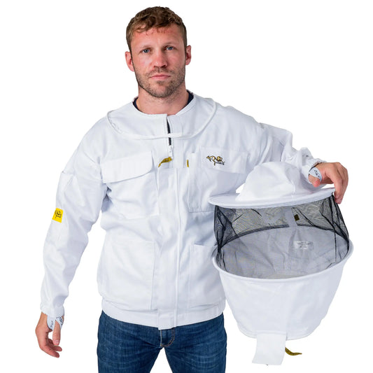 Man wearing the OZ ARMOUR Poly Cotton Beekeeping Jacket with Round Veil, front view, holding the detached round veil