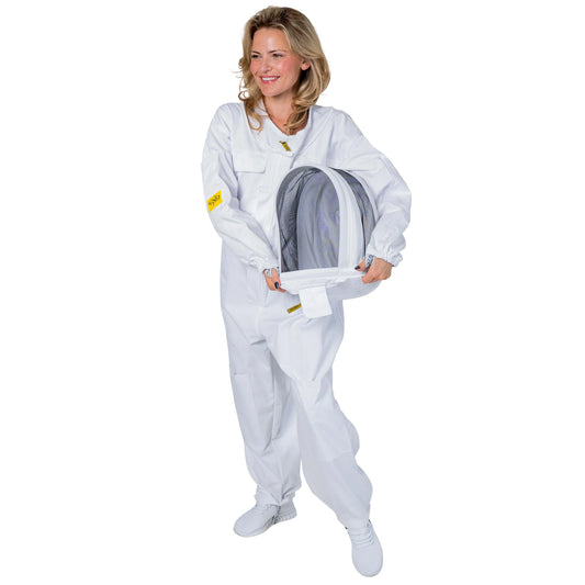 Woman wearing the OZ ARMOUR Poly Cotton Beekeeping Suit with Fencing Veil, front view, holding the detached fencing veil
