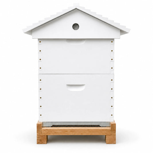 Gabled Telescopic Beehive Assembled & Painted with Mesh Bottom Board β Side View