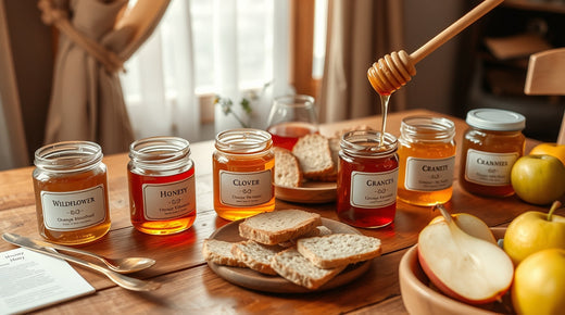 Honey tasting setup with labeled honey jars, honeycomb, and fresh fruit on a table