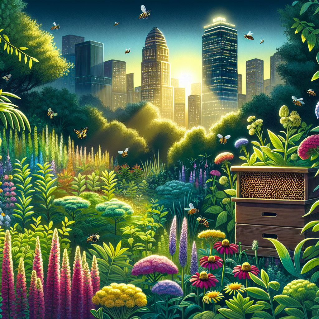 Bee-friendly garden with flowers, bees, and a city skyline