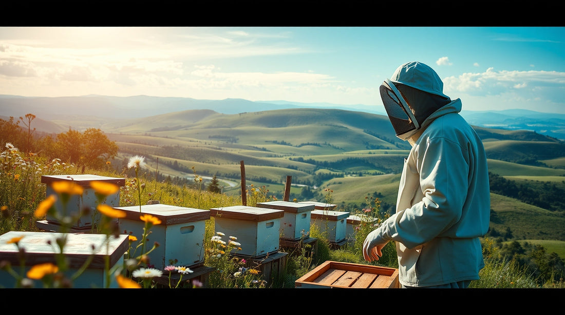 Beekeeper inspecting beehives in a scenic countryside location with hills in the background