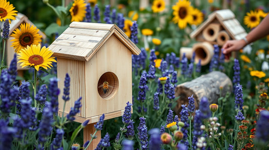 DIY bee hotel in a flower garden creating a safe haven for solitary pollinators