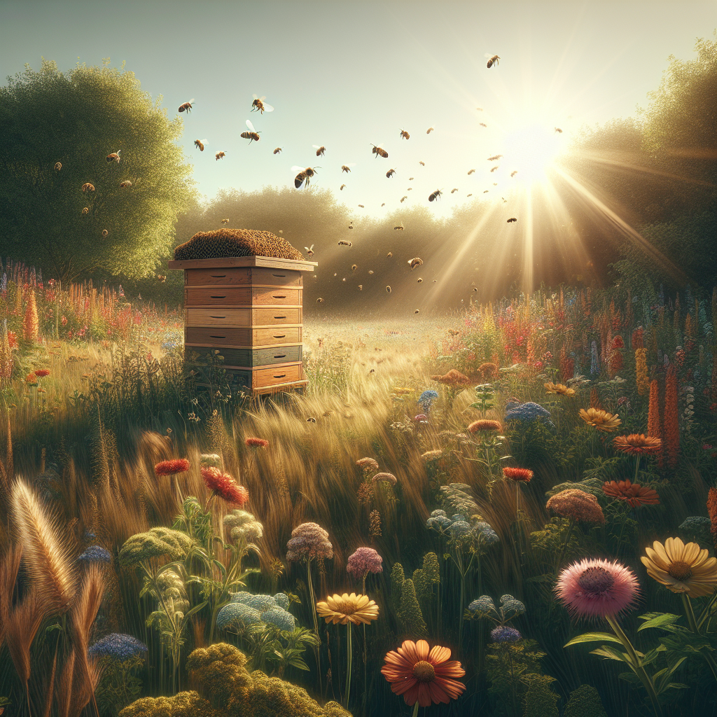 Beehive in a wildflower meadow at sunrise.