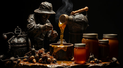 Beekeeper pouring raw honey into glass jars from a honey dipper