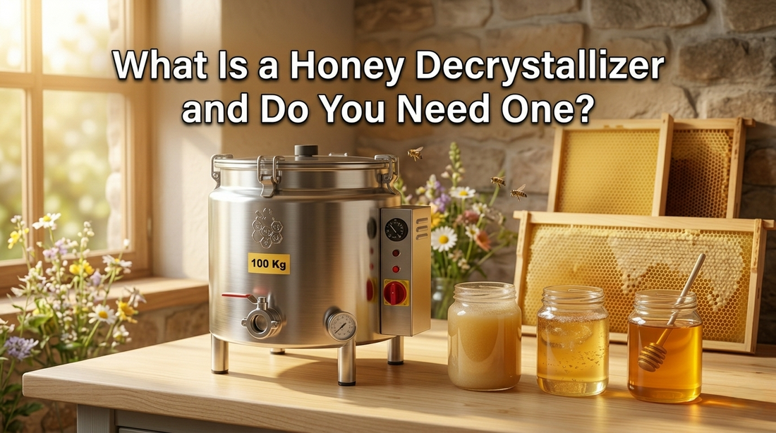Honey decrystallizer machine with jars of honey and honeycomb frame used for warming crystallized honey