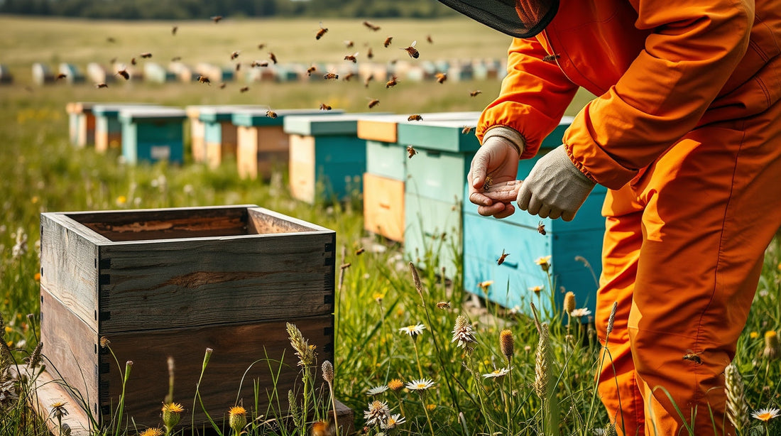 Beekeeper in an orange suit inspecting wooden beehives in an apiary with bees flying around
