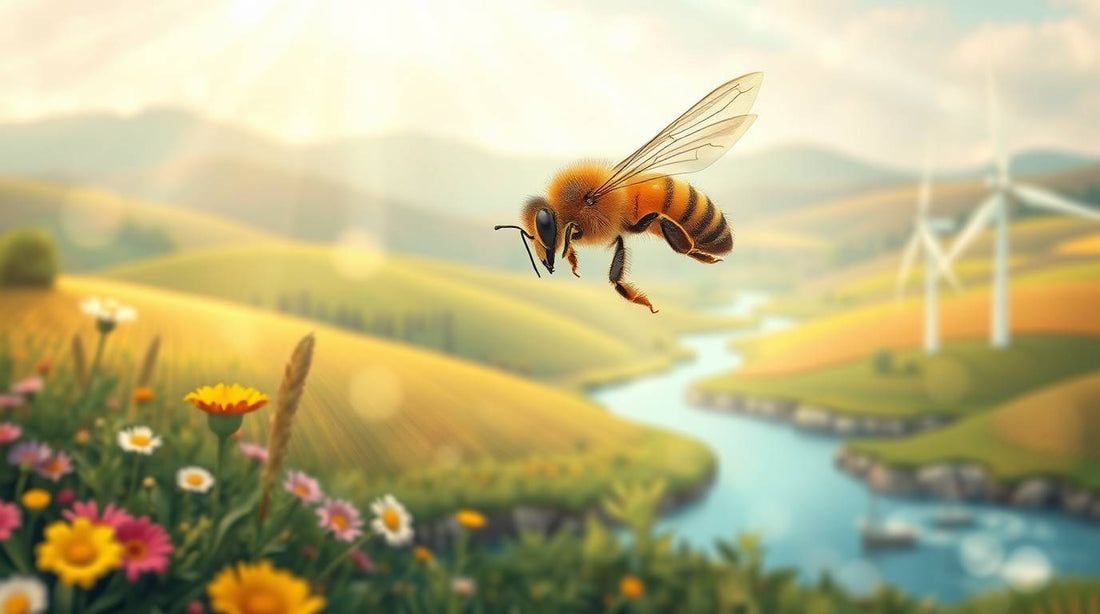 Honeybee flying over wildflowers and farmland.