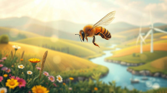 Honeybee flying over wildflowers and farmland.