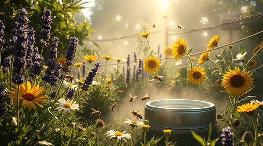 Wild bees flying around a flower garden with a small water source in sunlight