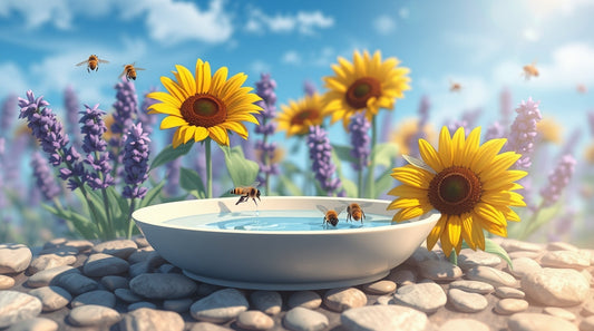 Bee watering station in a garden with flowers and bees flying nearby.