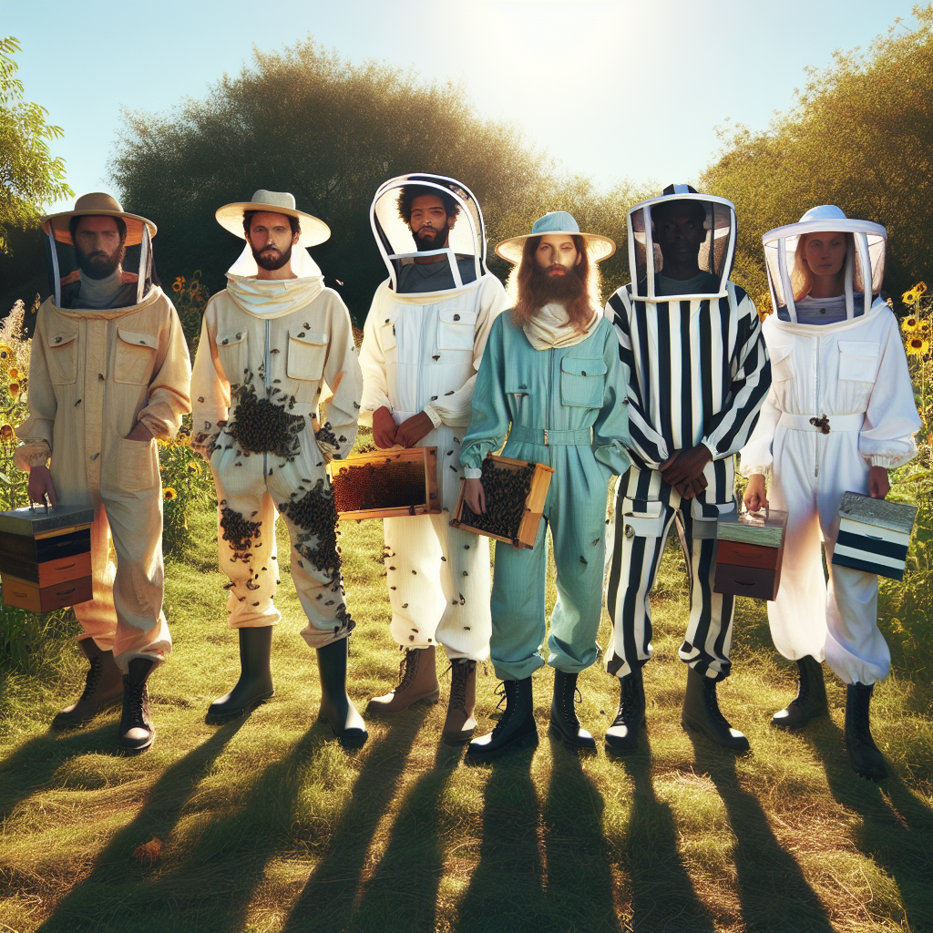 Beekeepers wearing protective suits in a field.