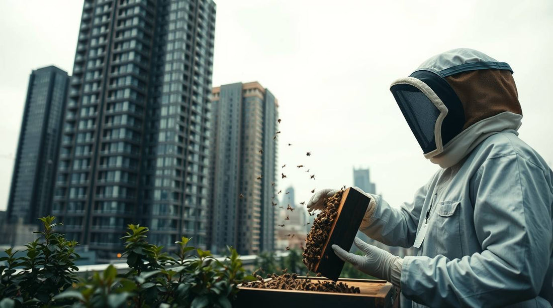 Urban beekeeper safely relocating a bee swarm near beehives with city buildings in the background