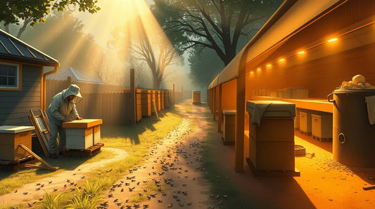 Beekeeper working near multiple beehives in a professional apiary at sunrise