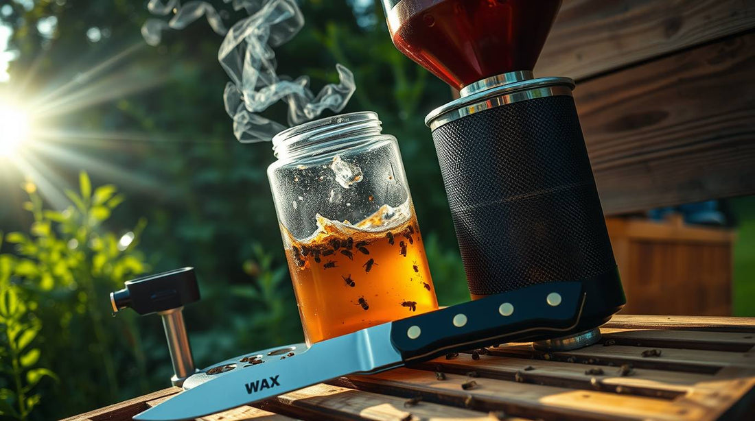 Close-up of beekeeping accessories on top of a hive, including a smoking device and a glass jar with amber liquid, shown outdoors in natural sunlight.
