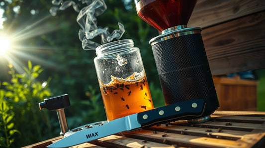 Close-up of beekeeping accessories on top of a hive, including a smoking device and a glass jar with amber liquid, shown outdoors in natural sunlight.