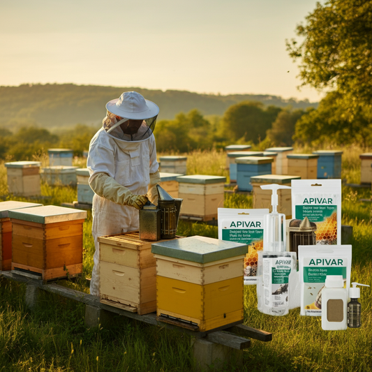 Beekeeper checking hives with pest control supplies
