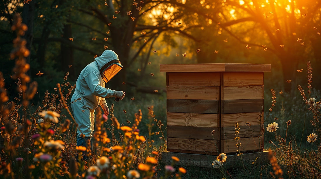 Beekeeper inspecting beehives in a natural apiary during golden sunset
