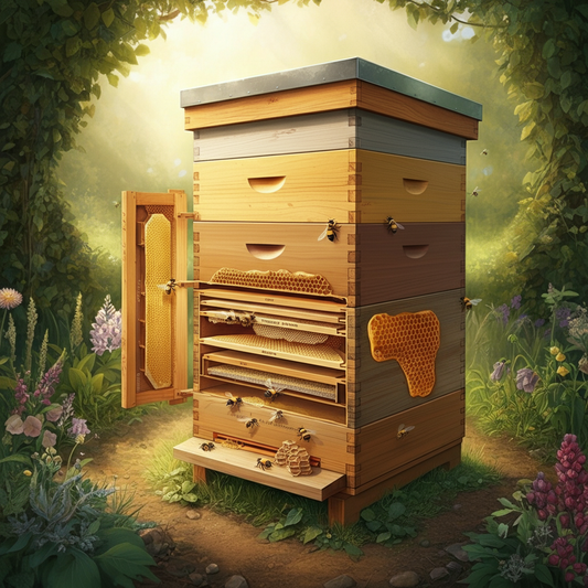 Wooden beehive with open frames and honeycomb