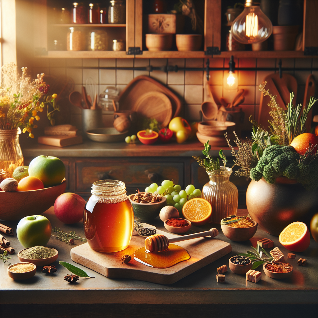 Honey jar with fruit on a kitchen table.