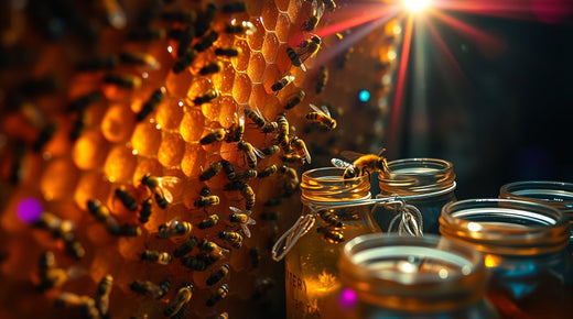 Honeycomb with bees and small jars of propolis or honey in warm sunlight