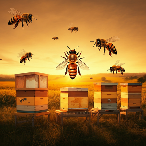 Bees flying over wooden hives at sunset.