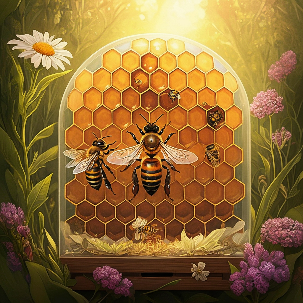 Bees on a honeycomb inside a hive.