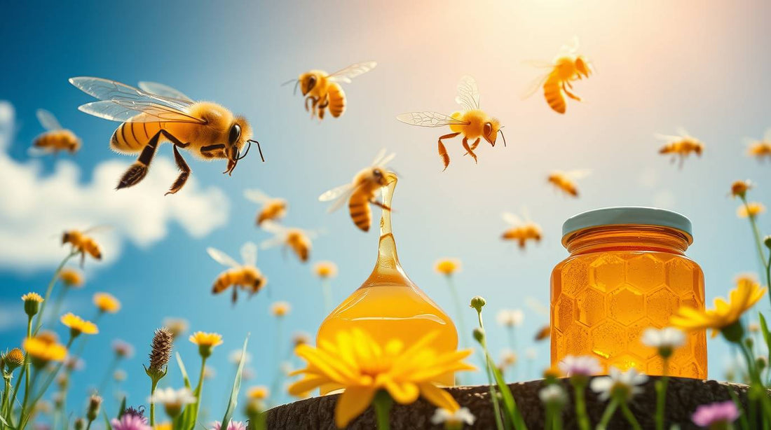 Bees flying around honey and bee products used in natural apitherapy