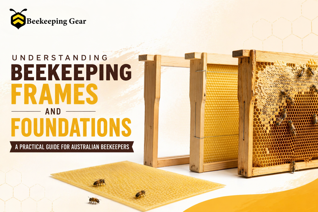 Wooden beehive frames with wax foundation sheets used for honeycomb support in beekeeping hives.