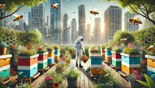 Urban beehives with bees and city buildings in the background.