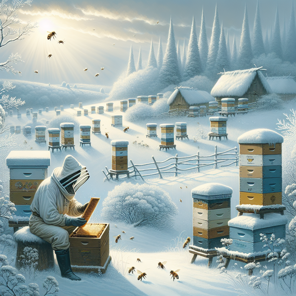 Beekeeper inspecting hives in a snowy apiary.