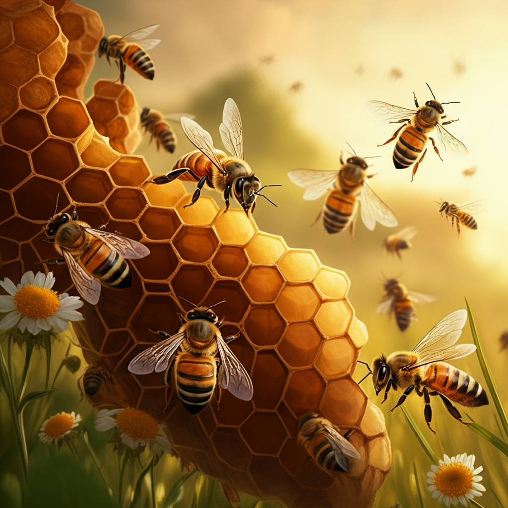 Honey bees flying around a honeycomb in a sunny flower field