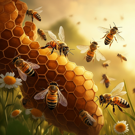 Honey bees flying around a honeycomb in a sunny flower field