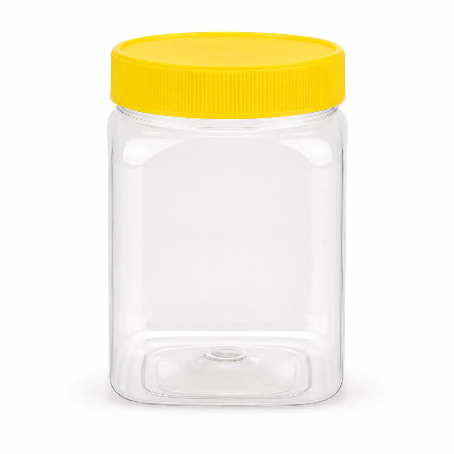 Front view of square PET plastic honey container with yellow lid