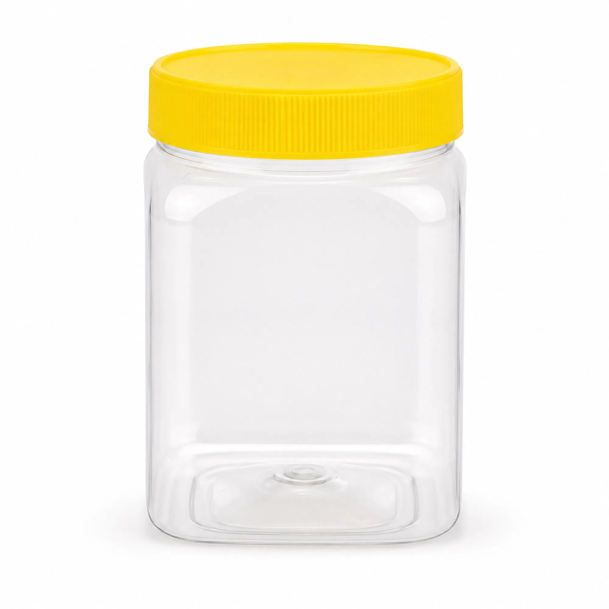 Front view of square PET plastic honey container with yellow lid