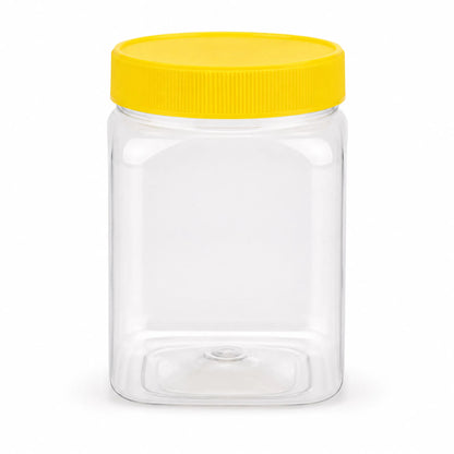 Front view of square PET plastic honey container with yellow lid