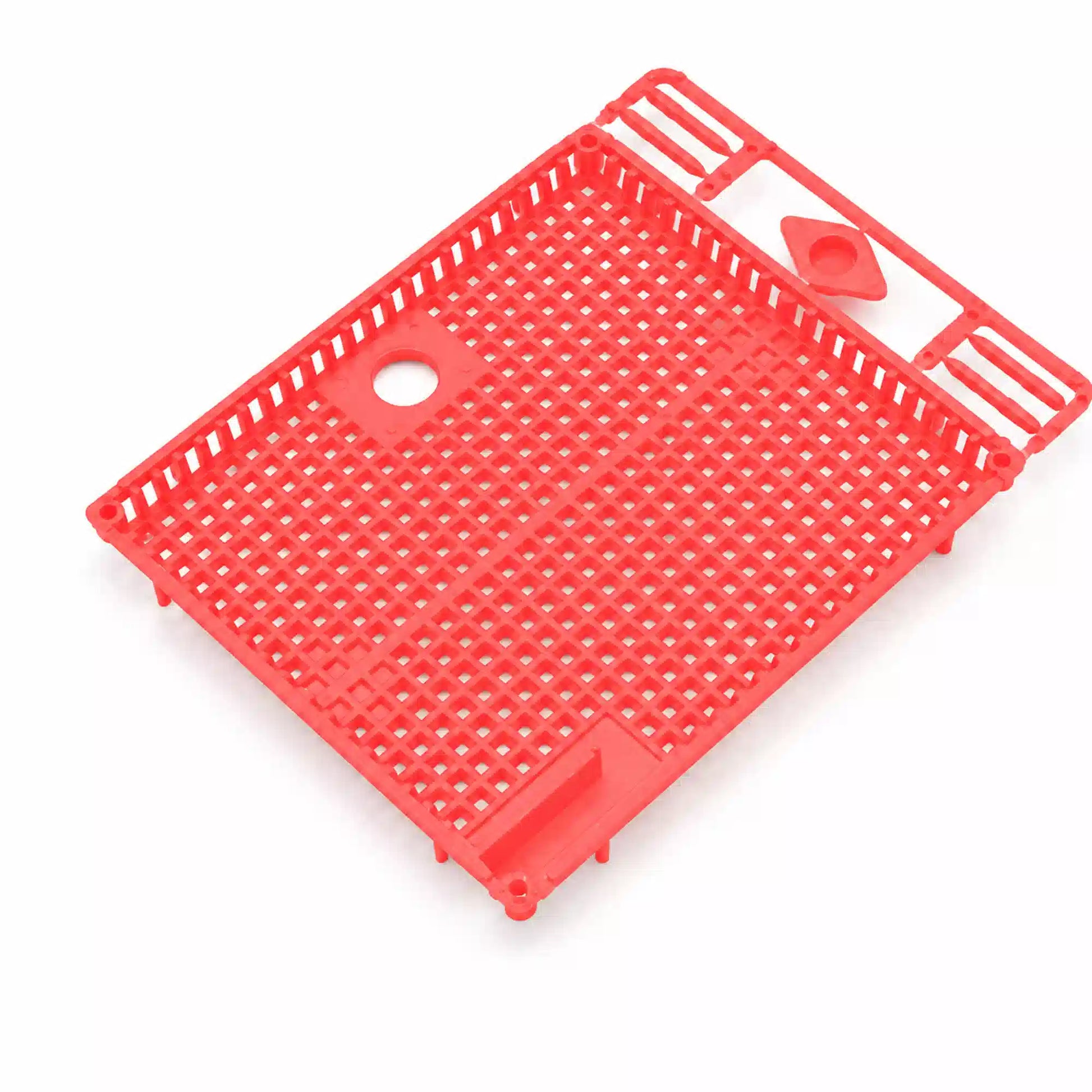 Red plastic queen cage with mesh design on white background