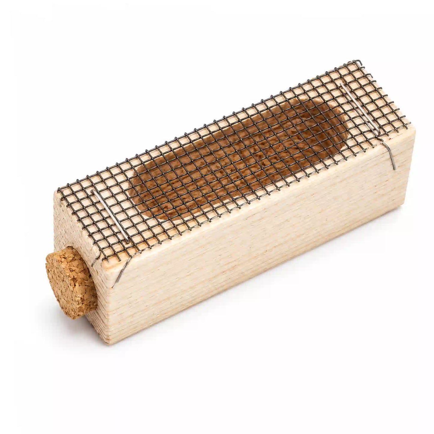Wooden queen cage with wire mesh cover on white background