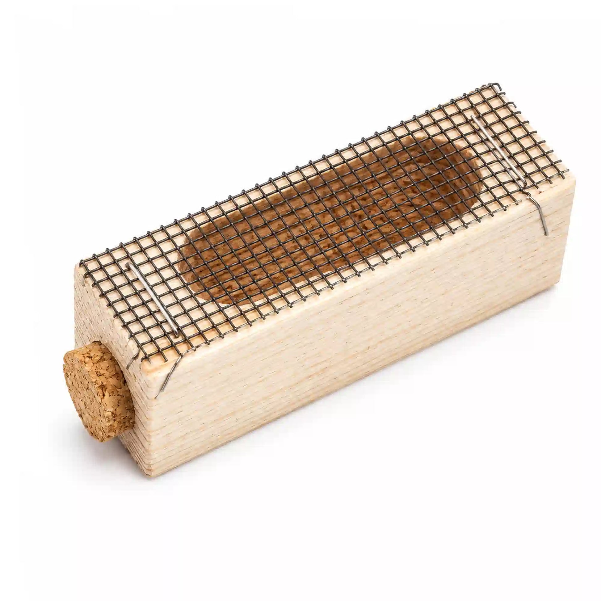 Wooden queen cage with wire mesh cover on white background