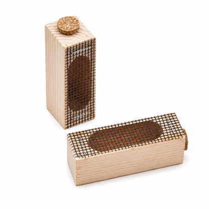 Two wooden queen cages with wire mesh for beekeeping on white background